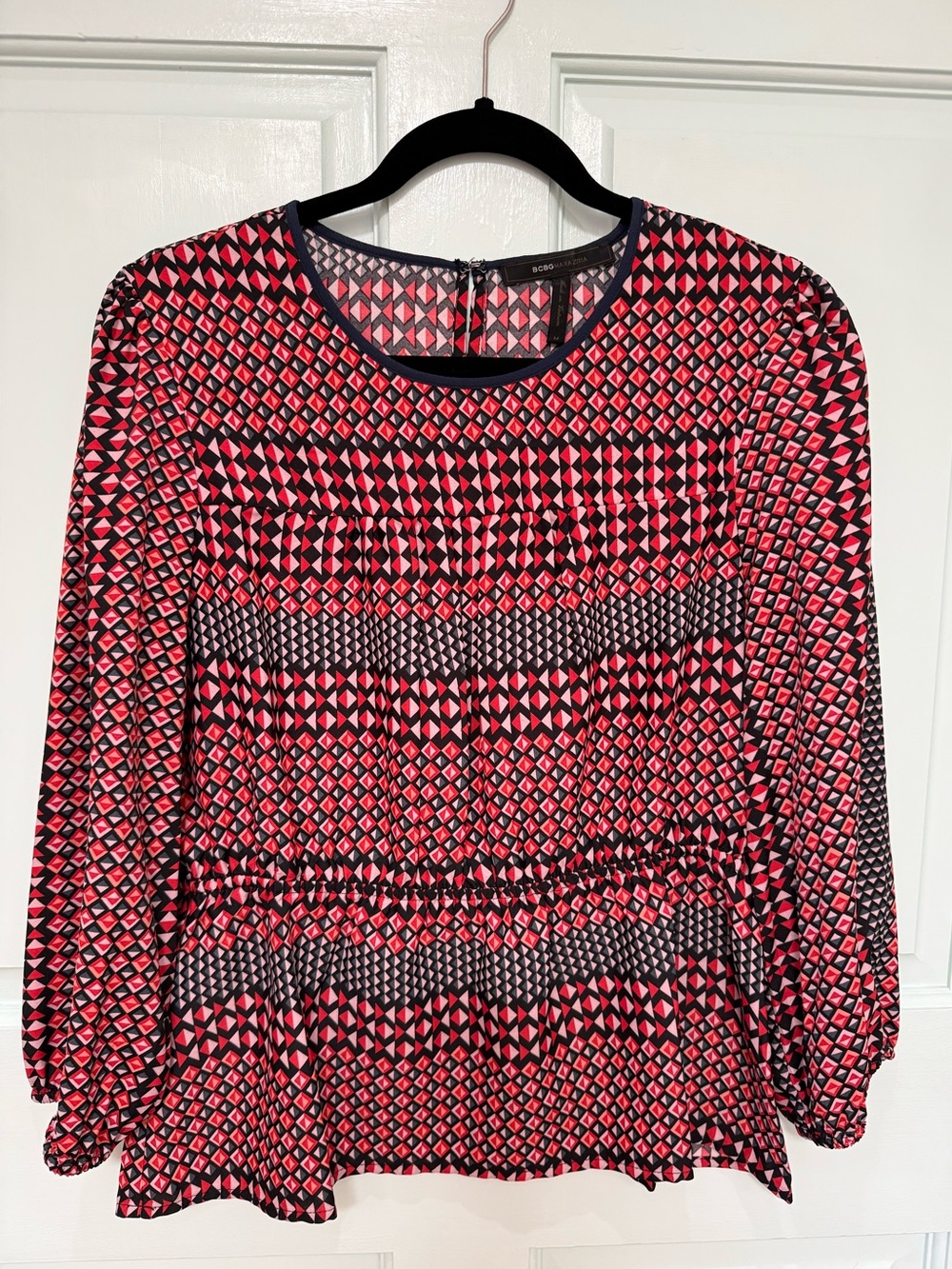BCBG Max Azria Women's Geometric Peplum Blouse - Red/Navy